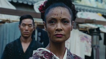Movie still from “Westworld” (2016), created by Lisa Joy – A woman in a kimono with blood all over her face; Close Up shot, Over the shoulder angle