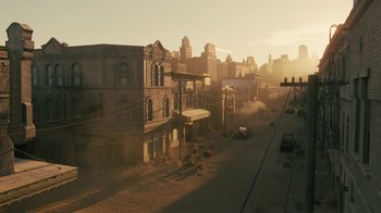 Movie still from “Westworld” (2016), created by Lisa Joy – An image of an old town in the middle of the day; Extreme Wide shot, High angle