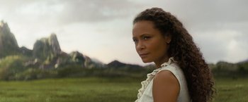 Movie still from “Westworld” (2016), created by Lisa Joy – A woman in a white shirt is standing in a field; Close Up shot, Over the shoulder angle