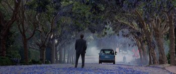 Movie still from “What Dreams May Come” (1998), directed by Vincent Ward – A man standing in front of a car on the street; Extreme Wide shot, Over the shoulder angle
