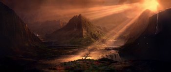 Movie still from “What Dreams May Come” (1998), directed by Vincent Ward – A painting of a mountain and a lake; Extreme Wide shot, High angle