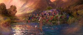 Movie still from “What Dreams May Come” (1998), directed by Vincent Ward – A painting of a man and a dog in water; Extreme Wide shot, High angle