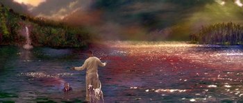 Movie still from “What Dreams May Come” (1998), directed by Vincent Ward – A man and a dog standing in a body of water; Extreme Wide shot, High angle