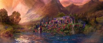 Movie still from “What Dreams May Come” (1998), directed by Vincent Ward – A painting of two people standing in the water near a garden; Extreme Wide shot, High angle