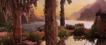 Movie still from “What Dreams May Come” (1998), directed by Vincent Ward – A painting of a tree with flowers growing on it's trunk; Extreme Wide shot, High angle