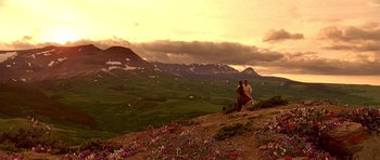 Movie still from “What Dreams May Come” (1998), directed by Vincent Ward – Two people standing on top of a hill near a field of flowers; Extreme Wide shot, Low angle