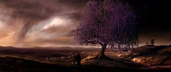 Movie still from “What Dreams May Come” (1998), directed by Vincent Ward – Two people standing under a tree in a field; Extreme Wide shot, High angle
