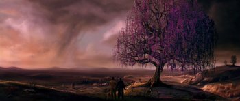 Movie still from “What Dreams May Come” (1998), directed by Vincent Ward – Two people are standing under a tree in a field; Extreme Wide shot, Low angle