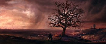 Movie still from “What Dreams May Come” (1998), directed by Vincent Ward – A painting of a person walking in front of a dead tree; Extreme Wide shot, Low angle