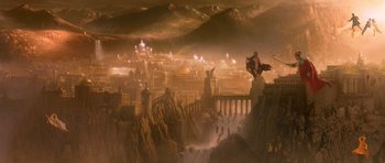 Movie still from “What Dreams May Come” (1998), directed by Vincent Ward – An artistic painting of a city with mountains in the background; Extreme Wide shot, High angle