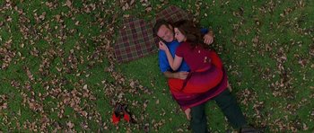 Movie still from “What Dreams May Come” (1998), directed by Vincent Ward – A man and a woman laying on the grass; Wide shot, Overhead angle