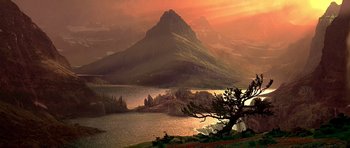 Movie still from “What Dreams May Come” (1998), directed by Vincent Ward – A large body of water near a mountain range; Extreme Wide shot, High angle