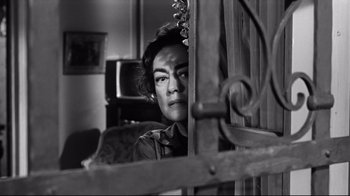 Movie still from “What Ever Happened to Baby Jane?” (1962), directed by Robert Aldrich – An old photo of a woman looking through a gate; Close Up shot, Low angle