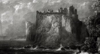 Movie still from “What We Do in the Shadows” (2014), directed by Taika Waititi – A black and white drawing of a castle on a cliff; Extreme Wide shot, Low angle