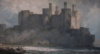 Movie still from “What We Do in the Shadows” (2014), directed by Taika Waititi – A painting of a castle on a cliff; Extreme Wide shot, Low angle