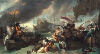 Movie still from “What We Do in the Shadows” (2014), directed by Taika Waititi – An oil painting of a battle between pirates and pirates of the carribbean; Extreme Wide shot, High angle