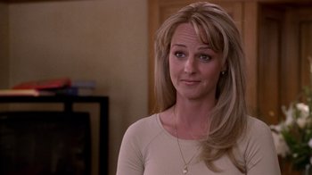 Movie still from “What Women Want” (2000), directed by Nancy Meyers – A woman with long blonde hair wearing a white shirt; Close Up shot, Over the shoulder angle