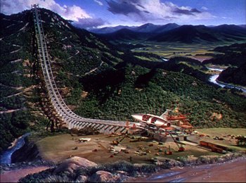 Movie still from “When Worlds Collide” (1951), directed by Rudolph Maté – A painting of a roller coaster going down a hill; Extreme Wide shot, High angle