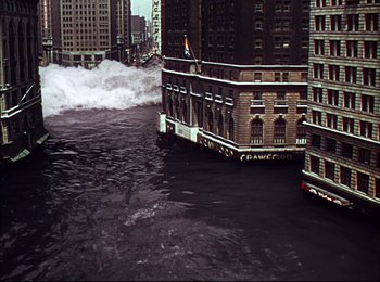 Movie still from “When Worlds Collide” (1951), directed by Rudolph Maté – A large body of water near a large city; Extreme Wide shot, High angle