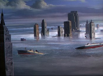 Movie still from “When Worlds Collide” (1951), directed by Rudolph Maté – A painting of boats in the water with a city in the background; Extreme Wide shot, High angle