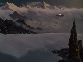 Movie still from “When Worlds Collide” (1951), directed by Rudolph Maté – An airplane is flying over a body of water; Extreme Wide shot, High angle