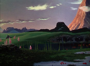 Movie still from “When Worlds Collide” (1951), directed by Rudolph Maté – A painting of a green valley with a mountain in the background; Extreme Wide shot, Low angle