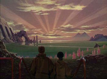 Movie still from “When Worlds Collide” (1951), directed by Rudolph Maté – Two people are looking at an animated landscape; Extreme Wide shot, High angle
