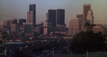 Movie still from “When a Stranger Calls” (1979), directed by Fred Walton – A view of a city skyline at dusk; Extreme Wide shot, High angle