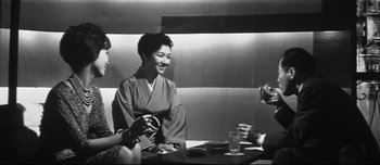 Movie still from “When a Woman Ascends the Stairs” (1960), directed by Mikio Naruse – A group of people sitting around a table; Medium shot, High angle