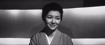 Movie still from “When a Woman Ascends the Stairs” (1960), directed by Mikio Naruse – An old photo of an asian woman in a kimono; Close Up shot, Low angle