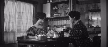 Movie still from “When a Woman Ascends the Stairs” (1960), directed by Mikio Naruse – Two women sit at a table in a kitchen; Medium shot, High angle