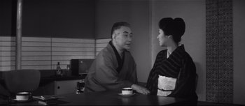 Movie still from “When a Woman Ascends the Stairs” (1960), directed by Mikio Naruse – An older man and a young woman sitting at a table; Medium shot, Low angle