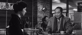 Movie still from “When a Woman Ascends the Stairs” (1960), directed by Mikio Naruse – A man and a woman sitting at a table in a restaurant; Medium shot, Over the shoulder angle