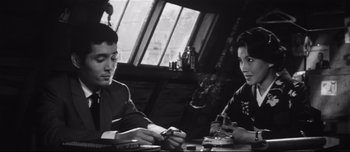 Movie still from “When a Woman Ascends the Stairs” (1960), directed by Mikio Naruse – A man and a woman sitting at a table; Medium shot, High angle