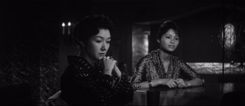 Movie still from “When a Woman Ascends the Stairs” (1960), directed by Mikio Naruse – Two women sitting at a table in front of each other; Medium shot, Low angle
