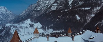 Movie still from “Where Eagles Dare” (1968), directed by Brian G. Hutton – A view of a snowy mountainous area from above; Extreme Wide shot, High angle