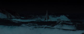Movie still from “Where the Wild Things Are” (2009), directed by Spike Jonze – A sailboat in the middle of the ocean at night; Extreme Wide shot, Low angle