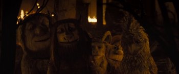Movie still from “Where the Wild Things Are” (2009), directed by Spike Jonze – A group of people dressed up like animals; Medium shot, High angle
