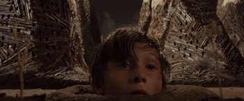 Movie still from “Where the Wild Things Are” (2009), directed by Spike Jonze – A young boy laying in the dirt looking at the camera; Close Up shot, Overhead angle