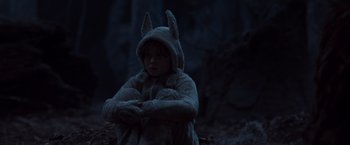 Movie still from “Where the Wild Things Are” (2009), directed by Spike Jonze – A little boy wearing a bunny costume in the dark; Medium shot, High angle