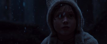 Movie still from “Where the Wild Things Are” (2009), directed by Spike Jonze – A young child wearing a cat hat in the snow; Close Up shot, Low angle