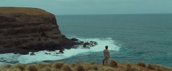 Movie still from “Where the Wild Things Are” (2009), directed by Spike Jonze – A man standing on a hill looking out at the ocean; Extreme Wide shot, High angle