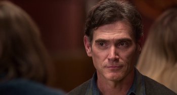 Movie still from “Where'd You Go, Bernadette” (2019), directed by Richard Linklater – A person wearing a blue shirt; Close Up shot, Over the shoulder angle