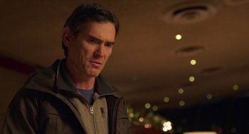 Movie still from “Where'd You Go, Bernadette” (2019), directed by Richard Linklater – A person wearing a jacket; Close Up shot, Over the shoulder angle