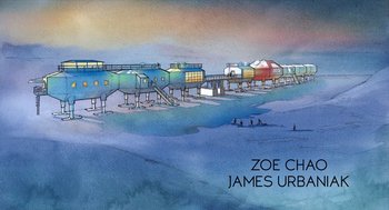 Movie still from “Where'd You Go, Bernadette” (2019), directed by Richard Linklater – An artistic drawing of a beach with a pier and houses; Extreme Wide shot, Overhead angle