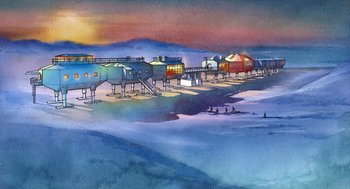 A painting of houses on the beach at sunset