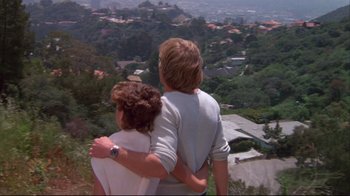Movie still from “White Dog” (1982), directed by Samuel Fuller – A man and a woman standing on top of a hill; Wide shot, High angle