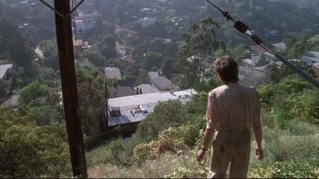 Movie still from “White Dog” (1982), directed by Samuel Fuller – A man standing on top of a hill looking down at houses; Extreme Wide shot, High angle