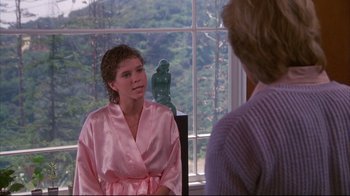 Movie still from “White Dog” (1982), directed by Samuel Fuller – A woman in a pink robe sitting in front of a window; Medium shot, Over the shoulder angle