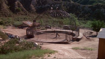 Movie still from “White Dog” (1982), directed by Samuel Fuller – A man riding a skate board on top of a cage; Extreme Wide shot, High angle